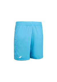 Pantalones cortos deportivos de color azul claro, hechos de una tela suave con una cinturilla elástica, que presentan rayas blancas de acento y un pequeño logo.