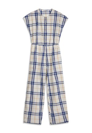 Combinaison sans manches à boutons sur le devant, jambes évasées, taille élastique, avec un motif à carreaux bleu et orange sur tissu blanc.