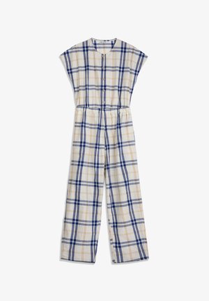 Combinaison sans manches à boutons sur le devant, jambes évasées, taille élastique, avec un motif à carreaux bleu et orange sur tissu blanc.