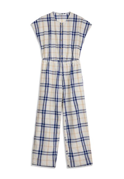 Combinaison sans manches à boutons sur le devant, jambes évasées, taille élastique, avec un motif à carreaux bleu et orange sur tissu blanc.