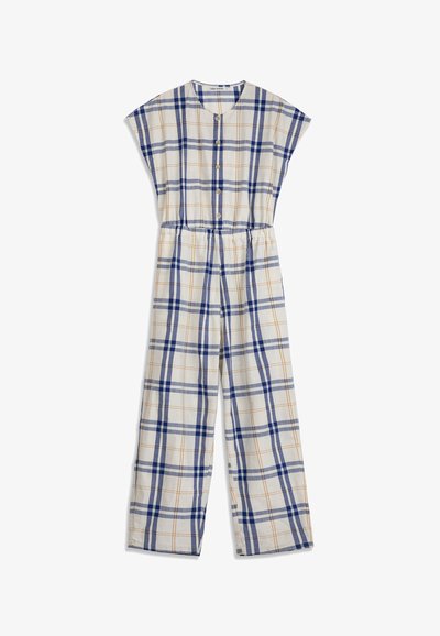 Combinaison sans manches à boutons sur le devant, jambes évasées, taille élastique, avec un motif à carreaux bleu et orange sur tissu blanc.