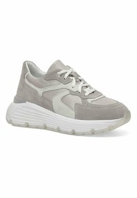 Light gray sneaker featuring a mix of suede and mesh textures, a rounded toe, padded collar, and a thick white sole with a ridged pattern.
