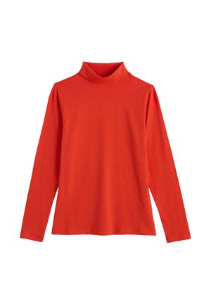 Piros, hosszú ujjú garbó felső, puha anyagból készült. Testhezálló nyakkal és egyenes szabással rendelkezik, sima textúrával és minimális díszítéssel.