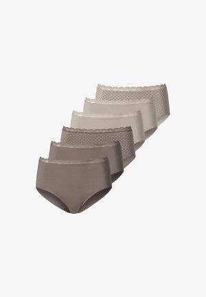 Five pairs of women's briefs in varying neutral colors: two solid shades of brown and three in light tones, featuring lace trim and polka dots.