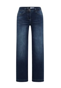 Jeans de denim azul oscuro con un diseño de pierna recta, que cuentan con bolsillos frontales y cierre de botón. Textura suave con mínimo desgaste.