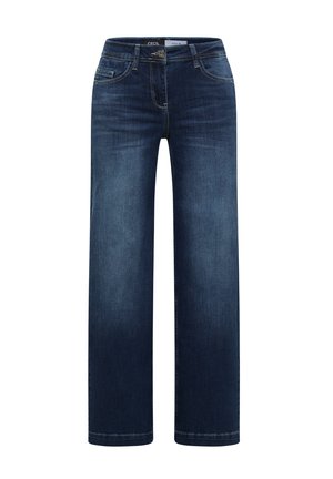 Donkerblauwe denim jeans met een rechte pijpdesign, voorzien van vo pockets en een knoopsluiting. Gladde textuur met minimale vervaging.