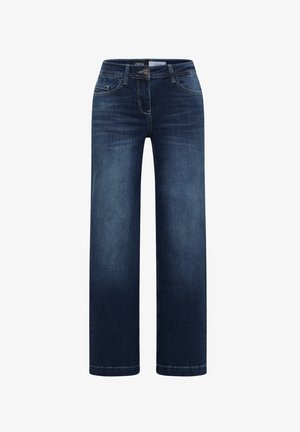 Jeans de denim azul oscuro con un diseño de pierna recta, que cuentan con bolsillos frontales y cierre de botón. Textura suave con mínimo desgaste.