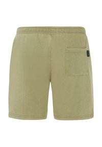 Groene katoenen shorts met een gestructureerde afwerking, voorzien van een achterzak en een elastische tailleband voor een veilige pasvorm.