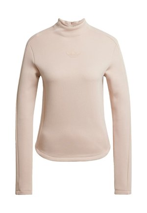 Pitkähiha pullover pehmeässä pastellipinkissä, korkea kaulus, neljännesvetoketju ja kohokuvioitu logo rinnassa, joka on sileä ja joustava.