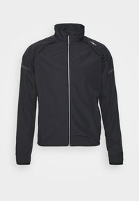 Schwarze, leichte Jacke mit hohem Kragen, Frontreißverschluss und reflektierenden Akzenten auf den Schultern. Glatte Textur und taillierte Passform.