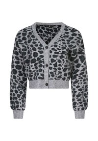 Cardigan court gris avec imprimé léopard noir et vert, design en v, poignets et ourlet côtelés, doté de trois boutons noirs à l'avant.