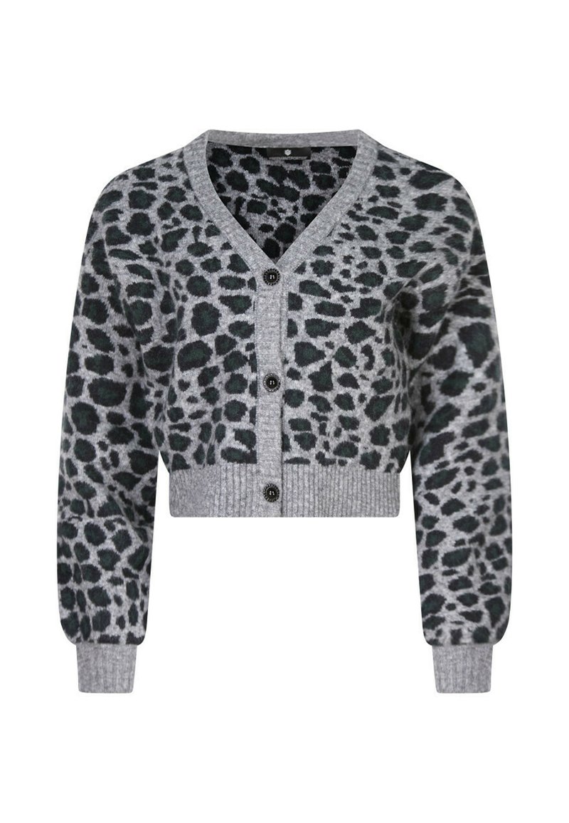 Cardigan court gris avec imprimé léopard noir et vert, design en v, poignets et ourlet côtelés, doté de trois boutons noirs à l'avant.
