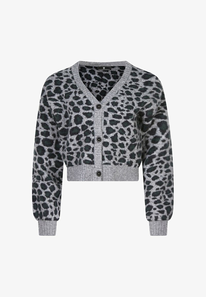 Cardigan court gris avec imprimé léopard noir et vert, design en v, poignets et ourlet côtelés, doté de trois boutons noirs à l'avant.