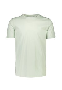 Krótki rękaw jasno miętowej koszulki wykonanej z miękkiej bawełny, z okrągłym dekoltem i prostym krojem, bez wyraźnych wzorów czy ozdób.