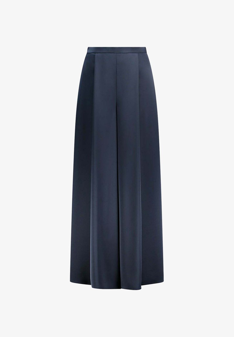 Pantalons large à taille haute bleu marine avec des plis à l'avant et une ceinture lisse, présentés sur un fond blanc uni.