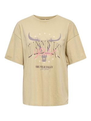 T-shirt beige oversize avec motif crâne de taureau, étoiles et textes "DESERT Rider" et "THE WILD VALLEY of the West" à l'avant.