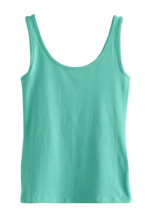 Gaiši teal krāsas bezrūšu tops, izgatavots no mīksta kokvilnas auduma, ar plašām siksnām un izteiksmīgu piegriezumu. Bez papildu rakstiem vai detaļām.