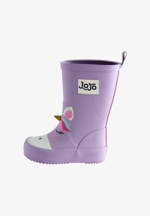 Lilla børnegummistøvle med et enhjørningeansigt med et gyldent horn, pink og blå manke og en strop bagpå.