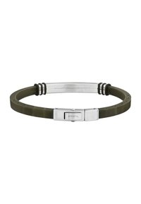 Svart gummiband med silverfärgad metallspänne, som har en slät yta, två svarta accentringar och graverad logotyp på spännet.
