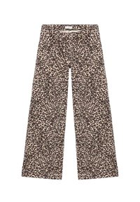 Pantaloni a gamba larga con stampa leopardata, realizzati in tessuto morbido, caratterizzati da una vita alta, tasche frontali e una vestibilità comoda con dettagli di cucitura in vista.