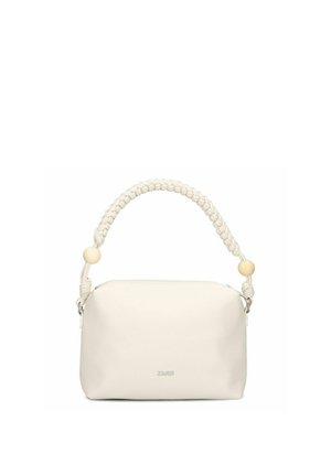 Cream-colored rectangular handbag with braided handle and wooden beads, zipper closure, and subtle brand logo on front.