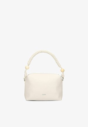 Cream-colored rectangular handbag with braided handle and wooden beads, zipper closure, and subtle brand logo on front.