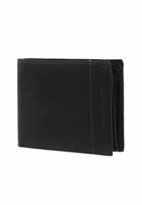 Portefeuille bifold en cuir noir avec une couture visible, partiellement ouvert, montrant les compartiments intérieurs.