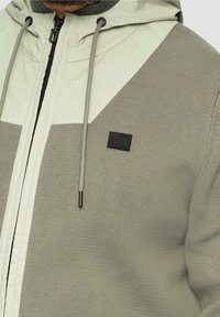 Světle zelená mikina s texturovaným povrchem. Má zipové zapínání, šňůrky a kontrastní ribbovaný materiál. Černý akcent s logem.