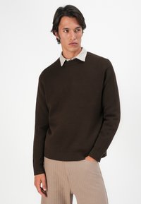 Brauner strukturierter Pullover mit rundem Ausschnitt und gerippten Bündchen, kombiniert mit einem hellen Kragenhemd. Modell in neutralen Hosen.