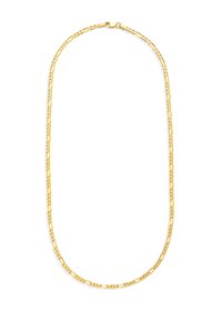 Gold necklace featuring a series of elongated links with alternating designs. Smooth texture, secure clasp, and a uniform shiny finish.