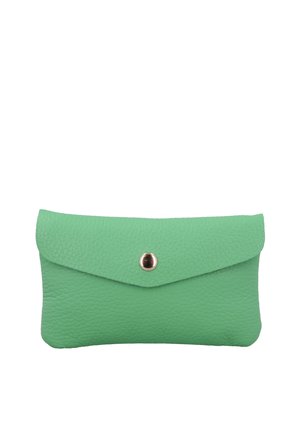 Kleine grüne genarbte Ledertasche mit Klappe und einem einzelnen Metall-Druckknopfverschluss, auf weißem Hintergrund abgebildet.