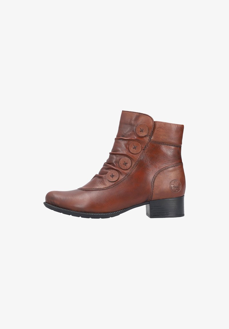 Stivale alla caviglia in pelle marrone con punta tondeggiante, design morbido, tre bottoni decorativi e tacco basso impilato.