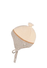 Strickmütze mit einer cremefarbenen Oberseite, grauem unteren Teil und einem braunen Streifen. Verfügt über einen Bommel und Bänder für einen sicheren Sitz. Weiche Textur rundherum.