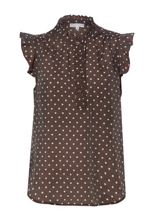 Braune ärmellose Bluse mit weißen Polka-Dots, gerafftem Stehkragen, flatternden Ärmeln und Knopfleiste vorne.