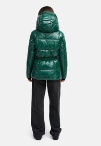 Groene, glanzende pufferjack met capuchon, een getailleerde taille en een gewatteerd patroon. Gedragen over zwarte wijde broek, gezien vanaf de achterkant.