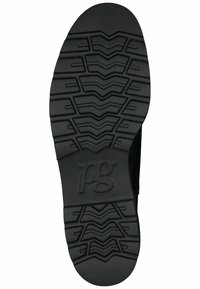 Suela de zapato de goma negra con un patrón de zigzag texturizado. Presenta un prominente logo 'pg', diseñado para tracción y durabilidad.