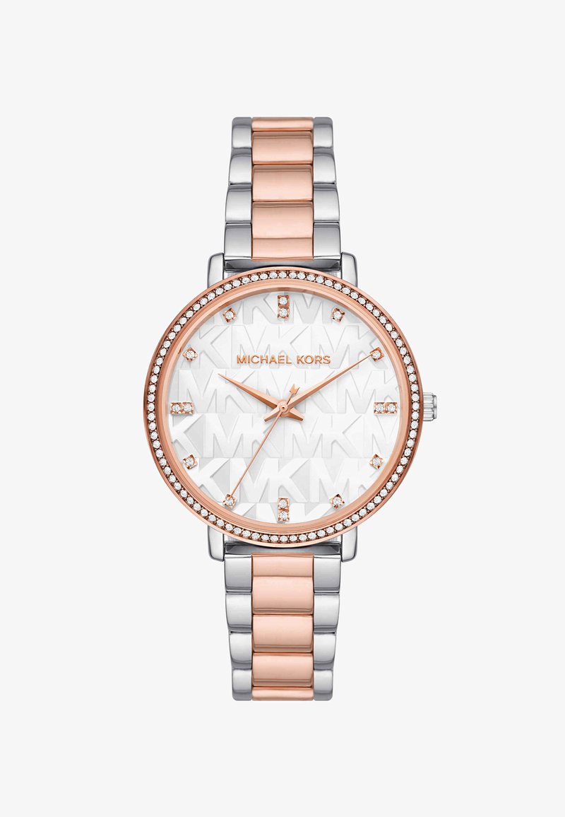 Michael Kors Armbanduhr mit roségold- und silberfarbenem Metallarmband, kristallbesetzter Lünette und weißem Zifferblatt mit "MK" Muster und roségoldenen Zeigern.