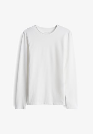 Langärmliges, weißes T-Shirt aus weicher Baumwolle. Es hat einen Rundhalsausschnitt und einen geraden Schnitt mit minimalen Nähten sowie ohne sichtbare Logos oder Muster.