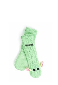 Green knitted socks with cable pattern, featuring large black eyes and pink ears. "The Mandalorian" logo is embroidered near the cuff.