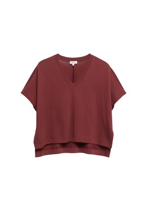 Koszulka z krótkim rękawem, luźnym krojem, bordowa z dekoltem w serek i detalem warstwowego obszycia, zaprojektowana do codziennego noszenia.