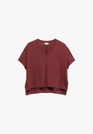 Kurzärmeliges, locker sitzendes, weinrotes V-Ausschnittshirt mit mehrlagigem Saumdetail, designed für legere Kleidung.