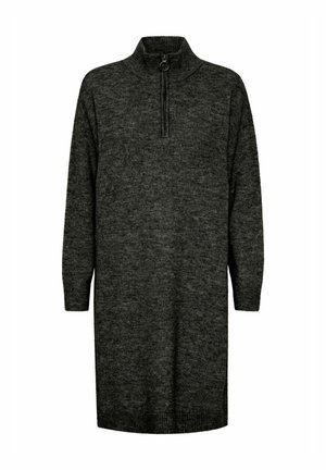 Robe en tricot gris foncé à manches longues, col zippé et ourlet côtelé. Design simple avec une texture douce et sans motifs visibles.