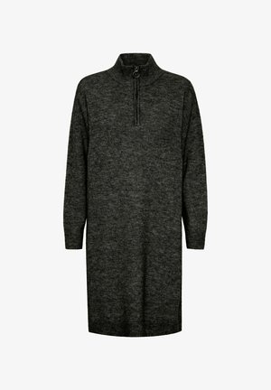 Robe en tricot gris foncé à manches longues, col zippé et ourlet côtelé. Design simple avec une texture douce et sans motifs visibles.
