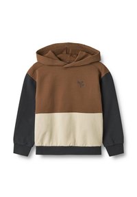 Felpa con cappuccio dal corpo marrone, striscia crema e maniche nere. Presenta una tasca a marsupio sul davanti e polsini e orlo a coste.