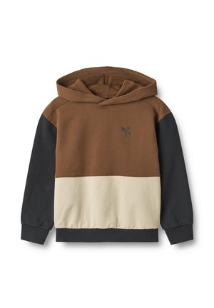 Kapuzensweatshirt mit braunem Körper, cremefarbener Streifen und schwarzen Ärmeln. Verfügt über eine vordere Kängurutasche sowie gerippte Bündchen und Saum.