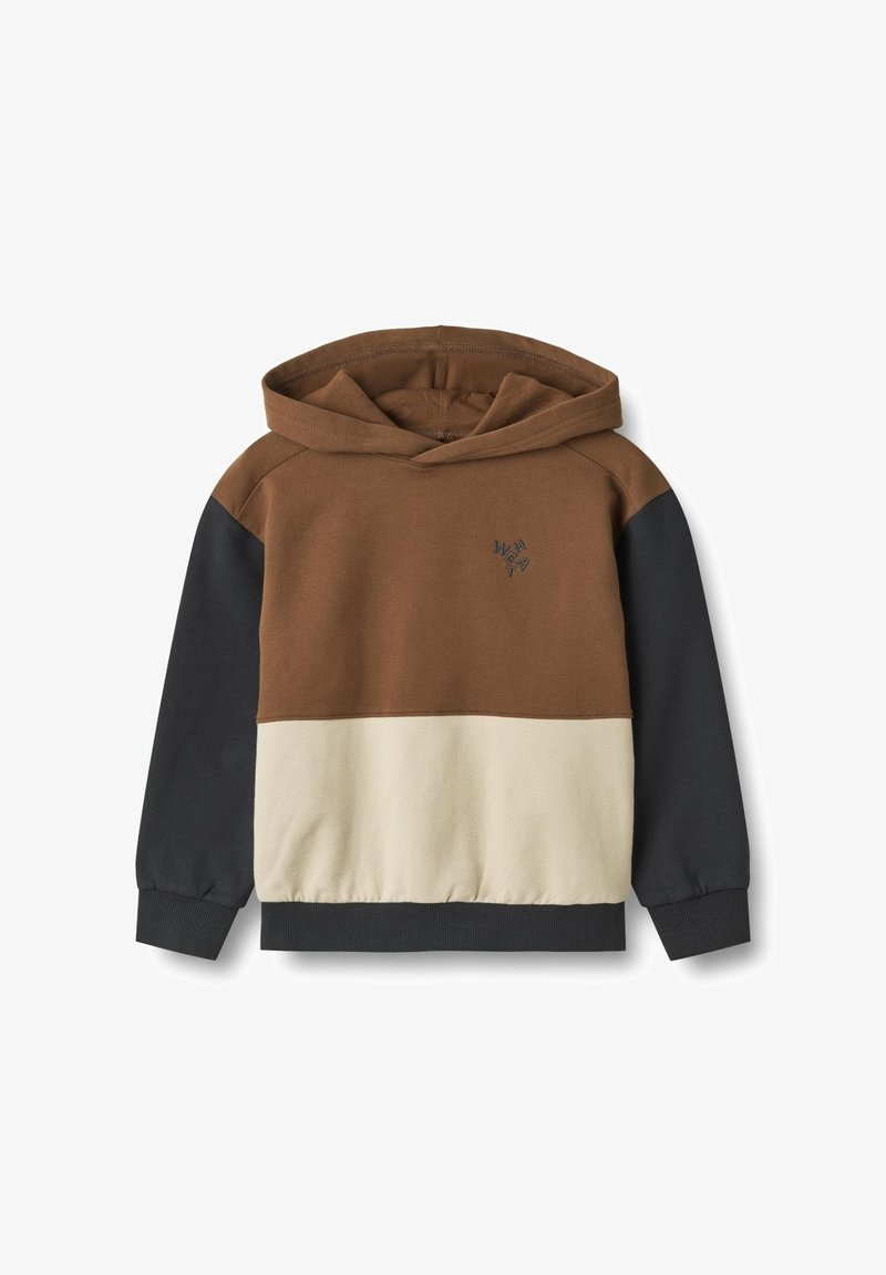 Felpa con cappuccio dal corpo marrone, striscia crema e maniche nere. Presenta una tasca a marsupio sul davanti e polsini e orlo a coste.