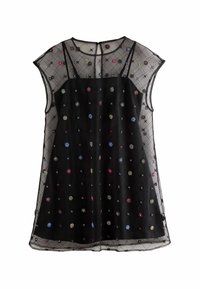 Schwarzes Kleid mit kurzen Ärmeln, das mit einem transparenten Überzug und buntem Blumenstickerei verziert ist. Der Stoff hat eine weiche Textur und einen lockeren Schnitt.