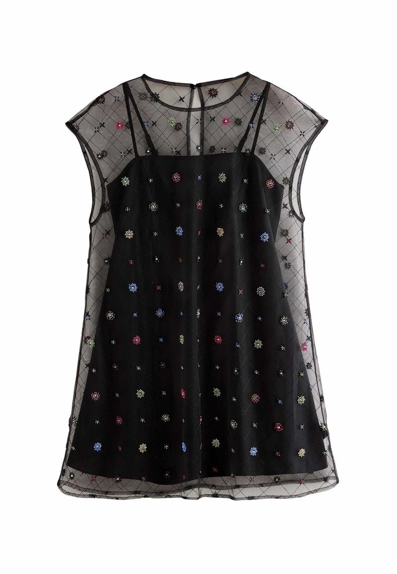 Schwarzes Kleid mit kurzen Ärmeln, das mit einem transparenten Überzug und buntem Blumenstickerei verziert ist. Der Stoff hat eine weiche Textur und einen lockeren Schnitt.