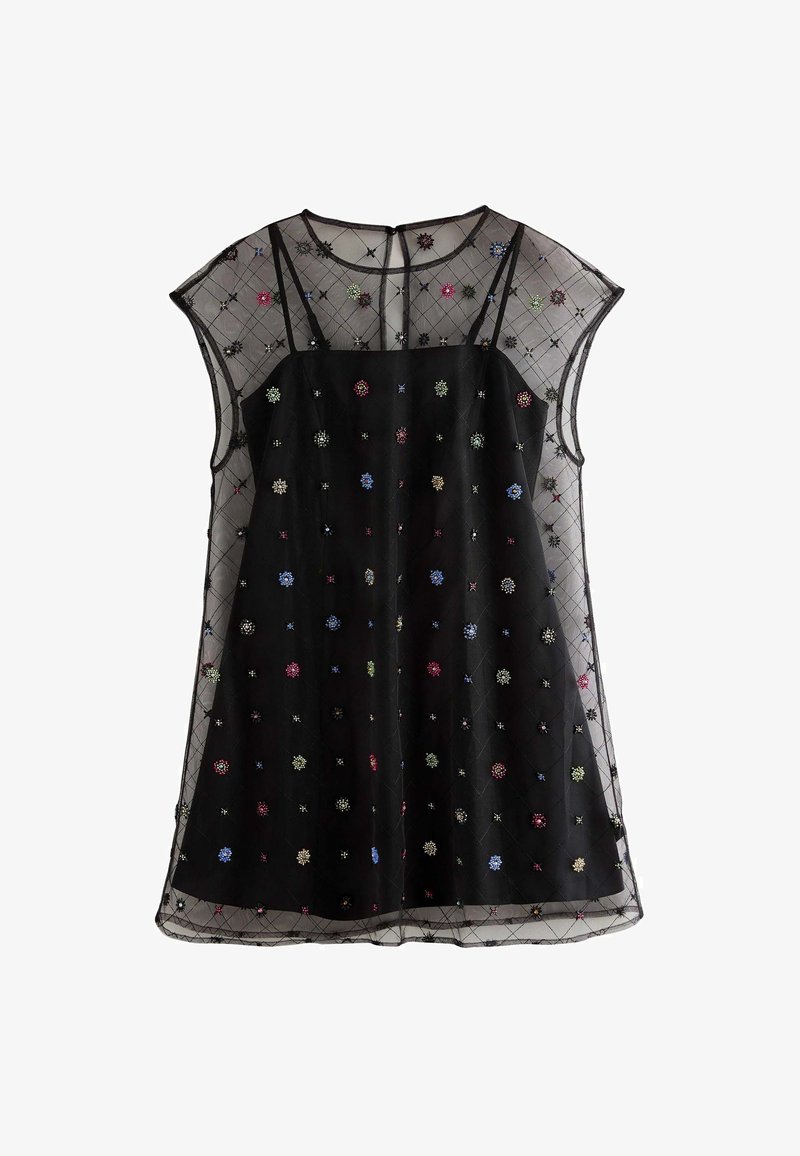 Schwarzes Kleid mit kurzen Ärmeln, das mit einem transparenten Überzug und buntem Blumenstickerei verziert ist. Der Stoff hat eine weiche Textur und einen lockeren Schnitt.