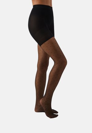 Svarte ugjennomsiktige shorts kombinert med gjennomsiktige svarte strømpebukser med prikkemønster, som viser en glatt tekstur og en tettsittende design.